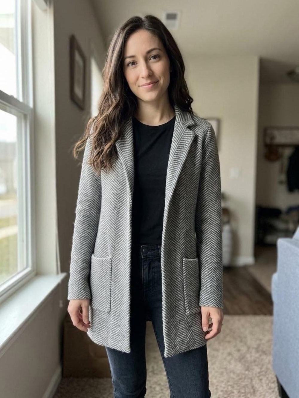 NWT Sincerely Jules Gray Herringbone Longline Cardigan Coatigan XS